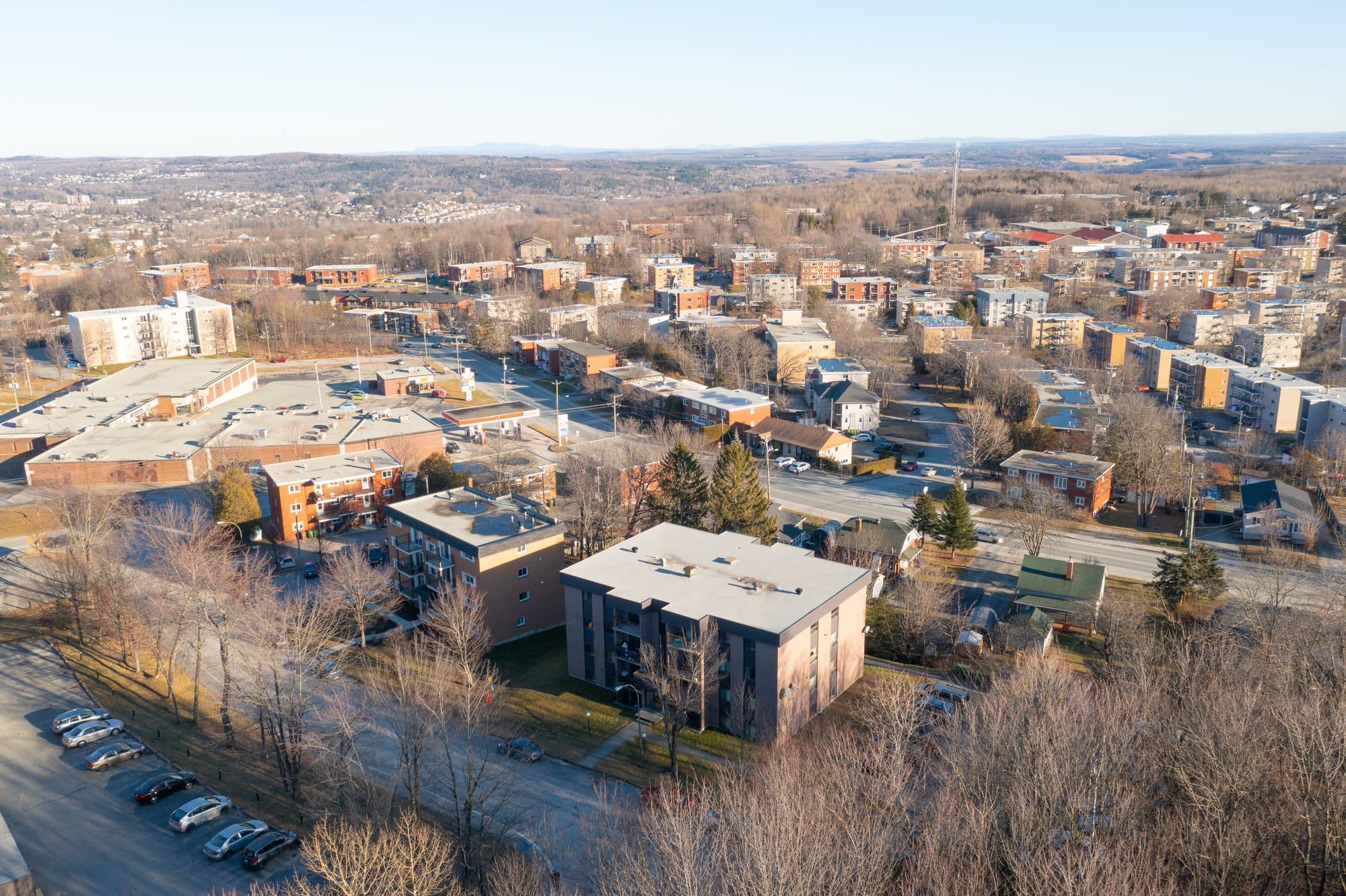 Aerial view of a residential neighbourhood in the Eastern Townships